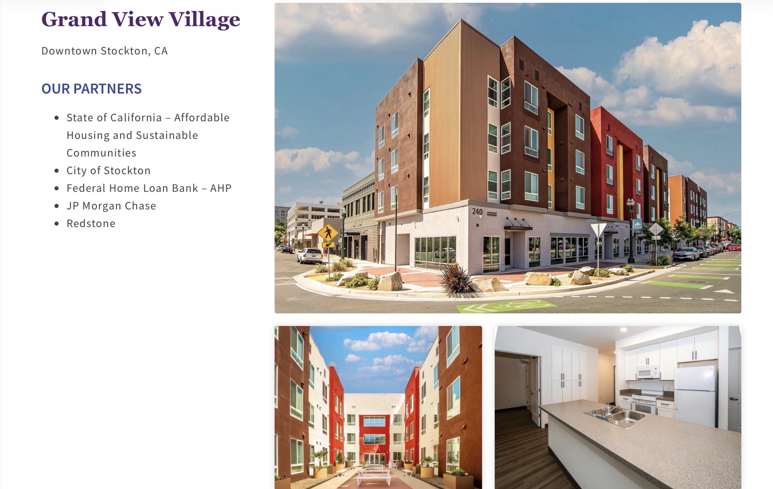 Grand View Village in Downtown Stockton with exterior, courtyard, and apartment interior views