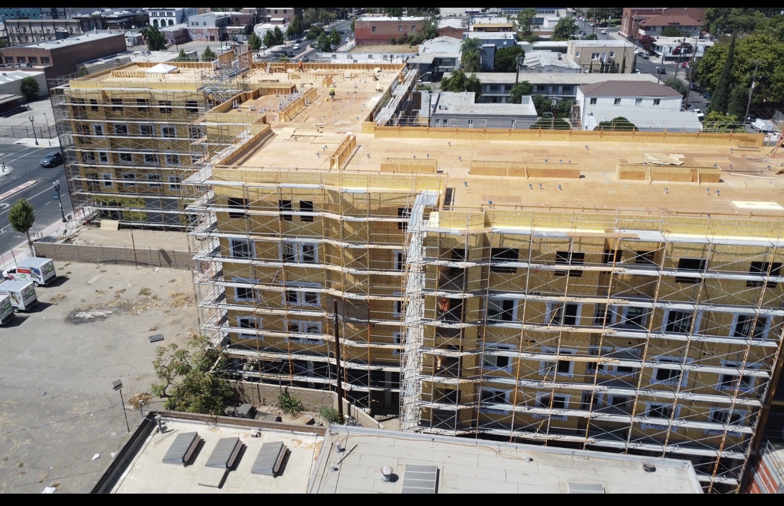 Aerial construction view of La Passeggiata in Stockton