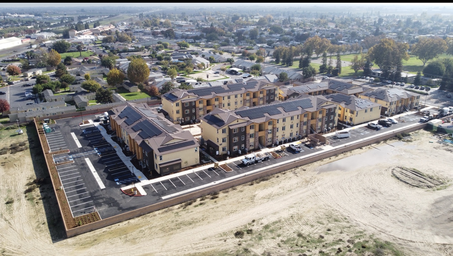 Aerial view of the completed Tierrasanta Villas community in Livingston